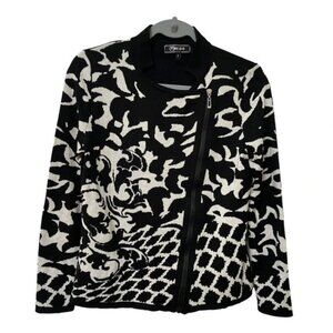 Y2K Minkas Black  White Neutral Geometric Asymmetrical Zip Sweater
